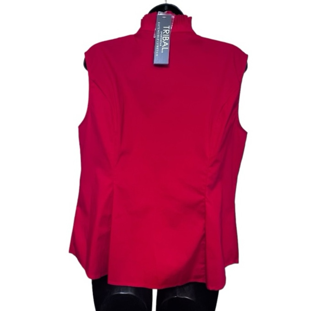 Tribal Ruffle Neck Red Shirt Blouse Sleeveless Classic Top Office - Picture 2 of 11